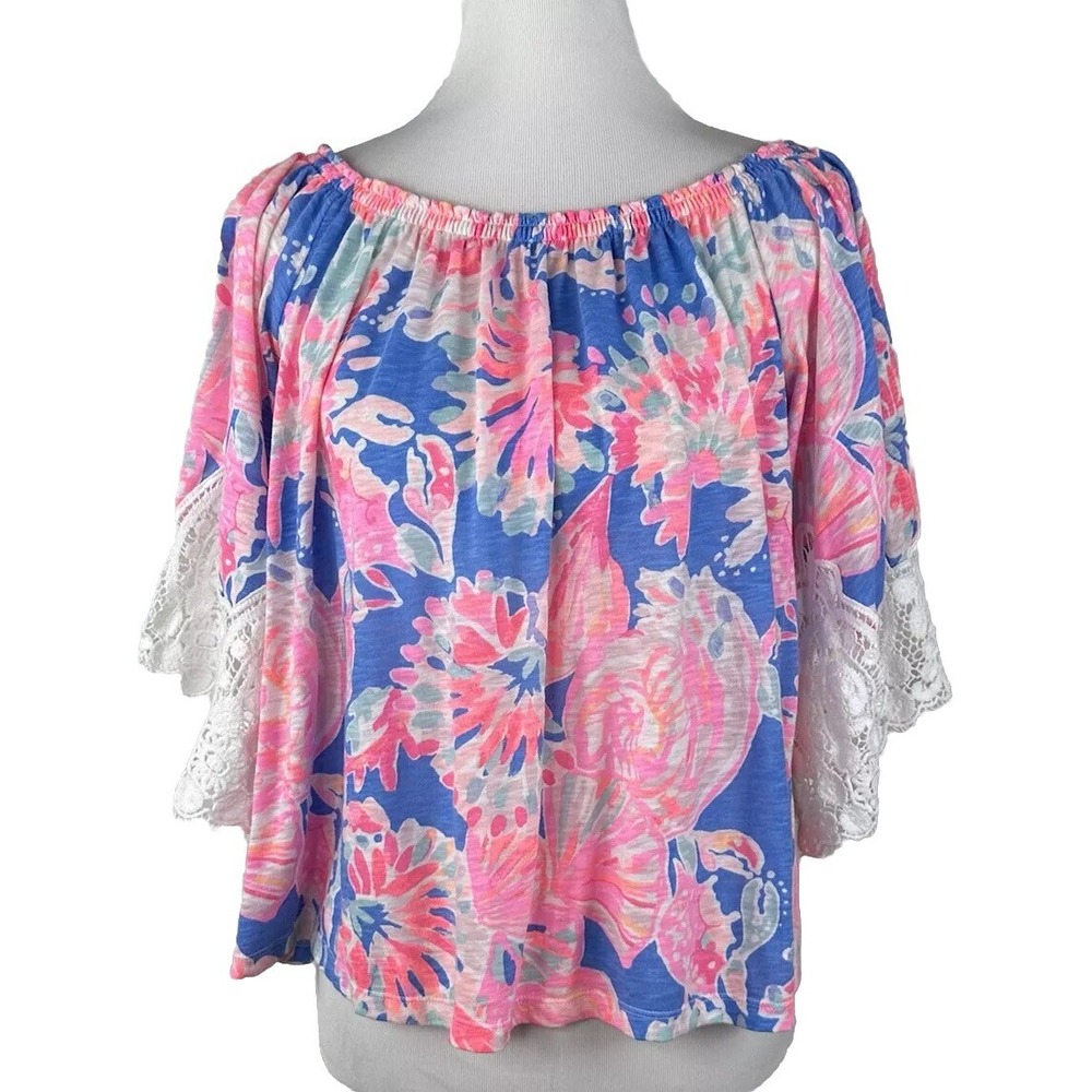 Lilly Pulitzer Womens S Zaylee On Off Shoulder Top Pink Floral Crochet Lace Trim